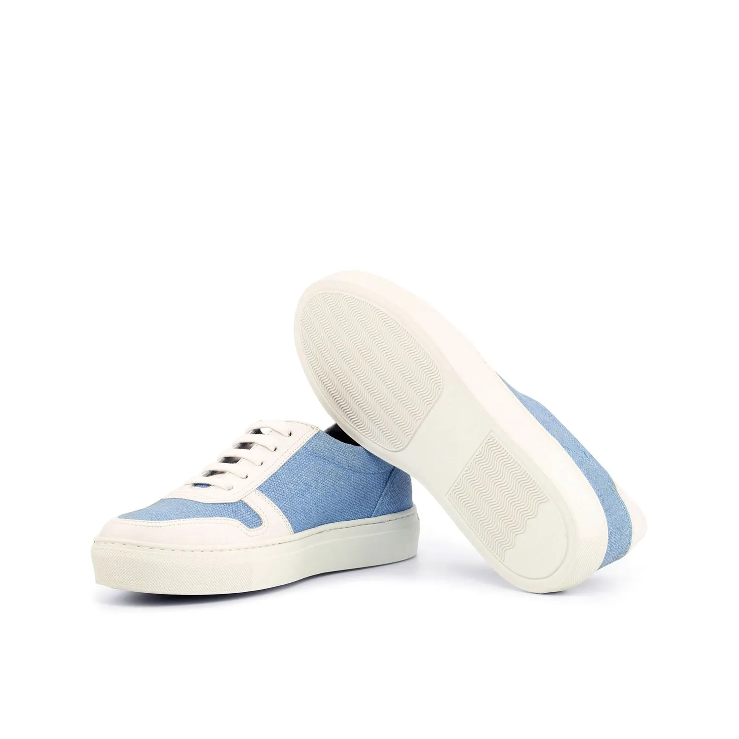 Ambrogio Bespoke Custom Women's Custom Made Shoes White & Blue Linen / Suede Leather Casual Trainer Sneakers (AMBW1007)