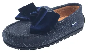 Atlanta Mocassin Girl's Leather with Velvet Bow Loafers, Navy Print/Navy Velvet Bow