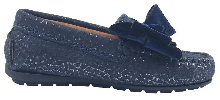 Atlanta Mocassin Girl's Leather with Velvet Bow Loafers, Navy Print/Navy Velvet Bow