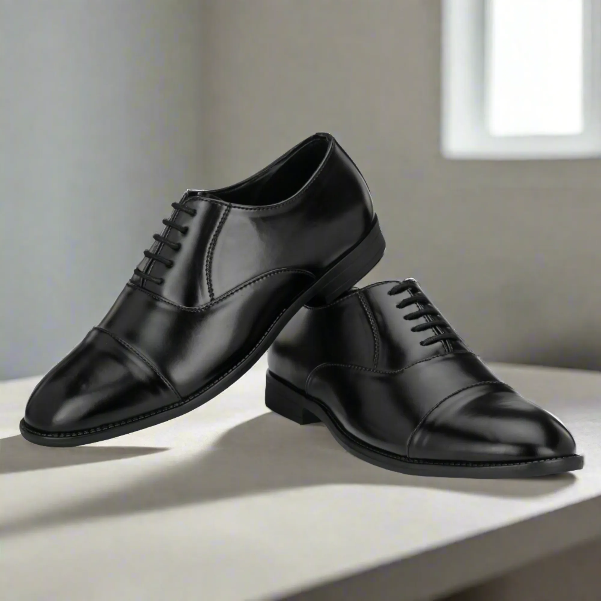 Attitudist Unisex Handcrafted Oxford Black Plain Formal Laceup Derby Shoes With Cap Toe