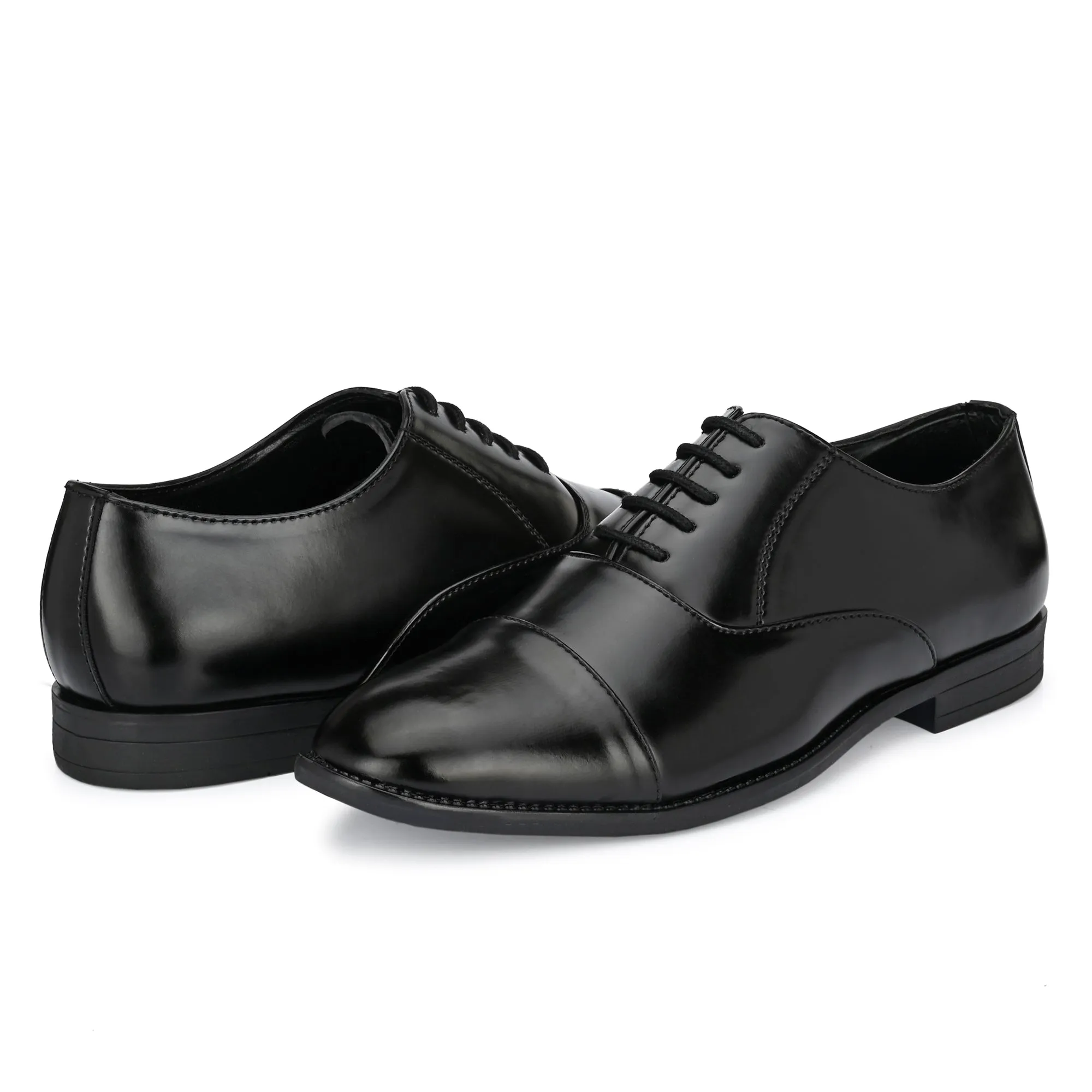 Attitudist Unisex Handcrafted Oxford Black Plain Formal Laceup Derby Shoes With Cap Toe