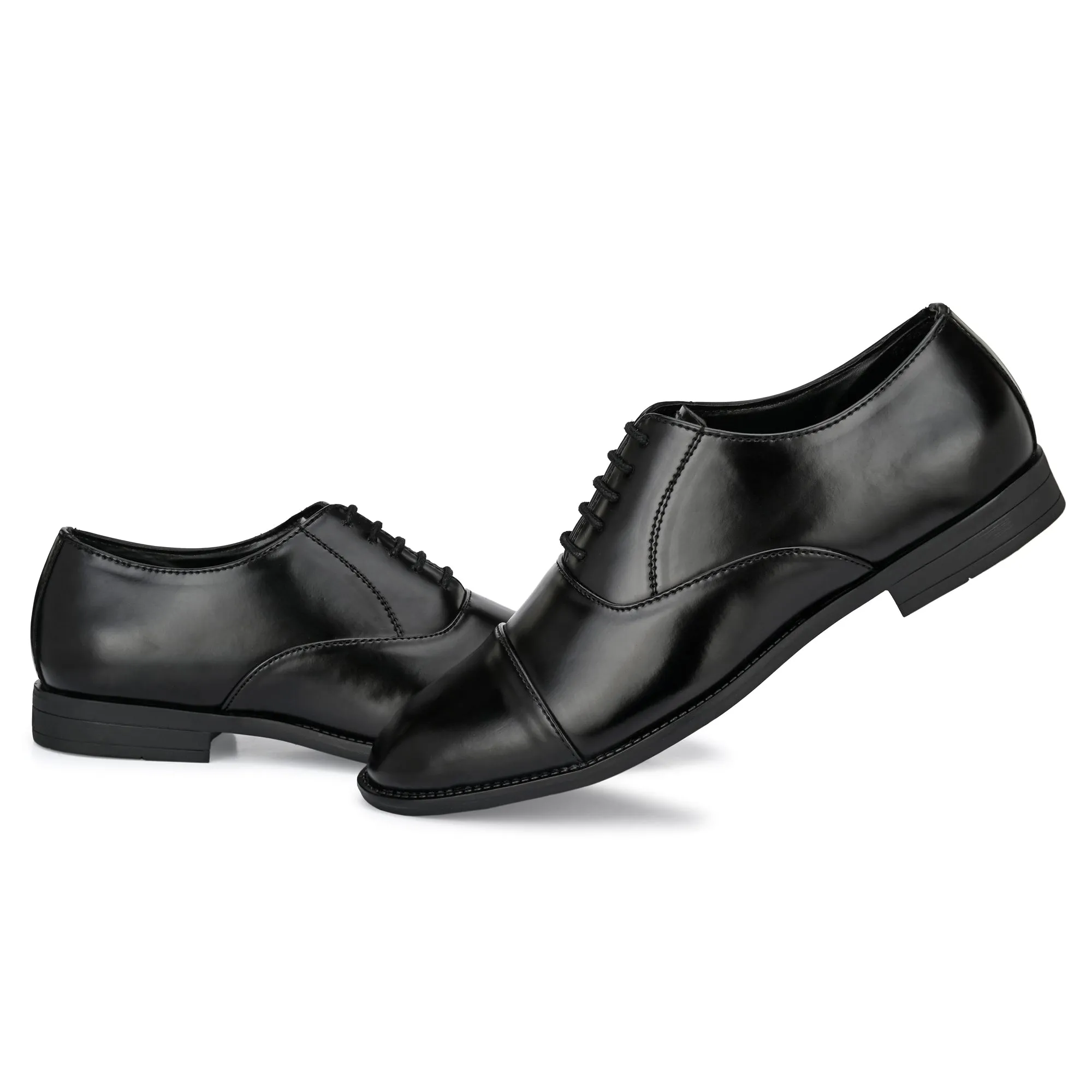 Attitudist Unisex Handcrafted Oxford Black Plain Formal Laceup Derby Shoes With Cap Toe