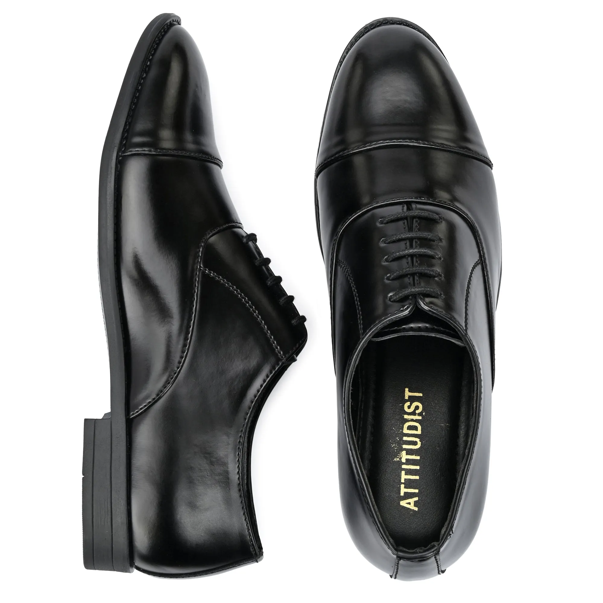 Attitudist Unisex Handcrafted Oxford Black Plain Formal Laceup Derby Shoes With Cap Toe