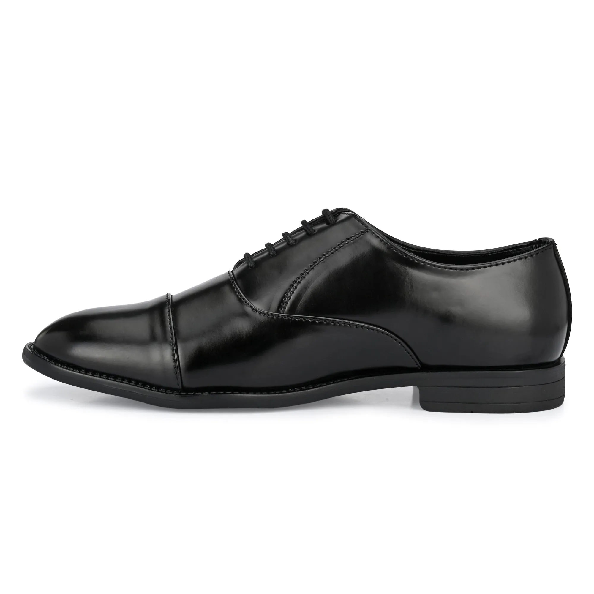 Attitudist Unisex Handcrafted Oxford Black Plain Formal Laceup Derby Shoes With Cap Toe