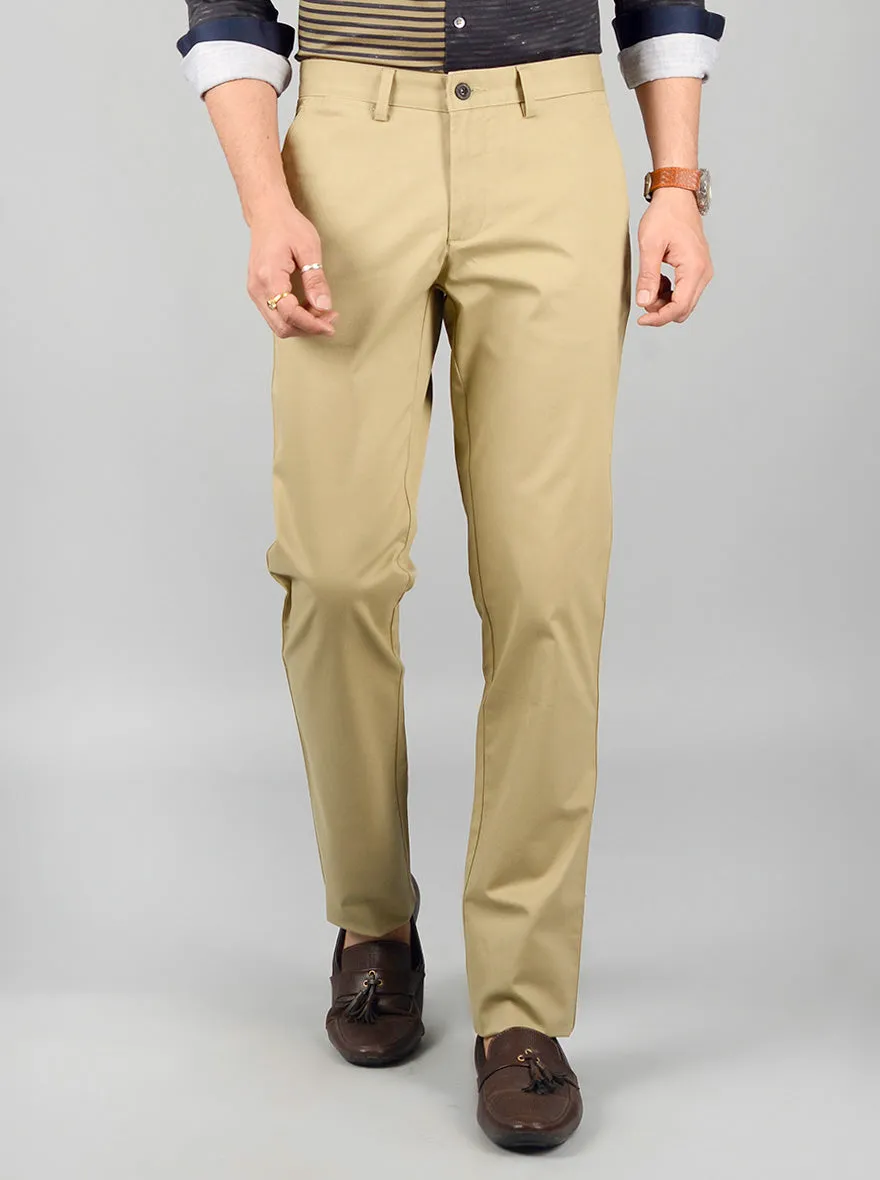 Beige Solid Slim Fit Casual Trouser | JadeBlue