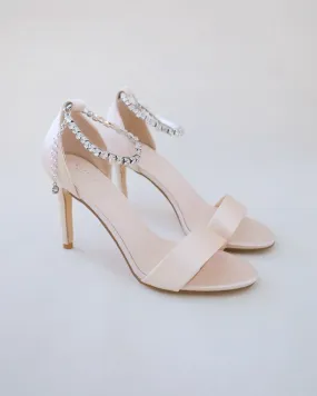 Champagne Satin High Heel Evening Sandals with Eternity Rhinestones Strap