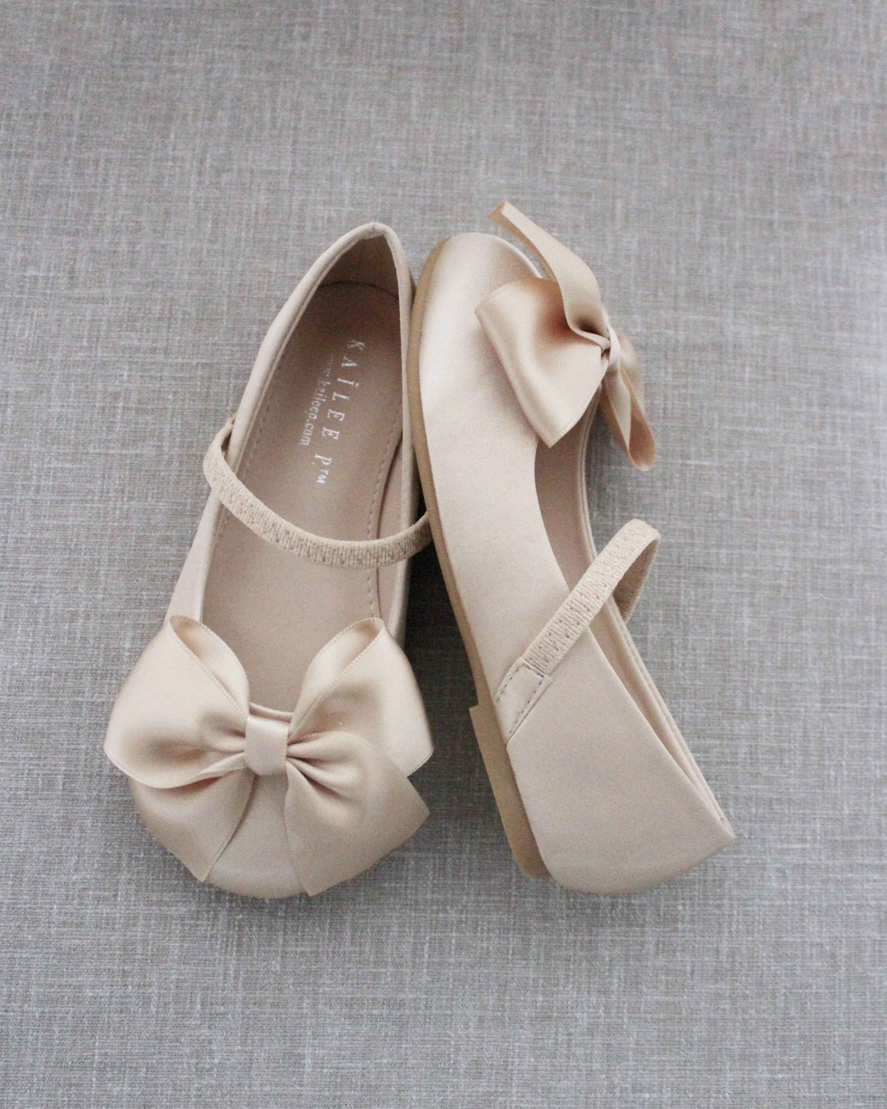 Champagne Satin Mary Jane Flats with Front Satin Bow