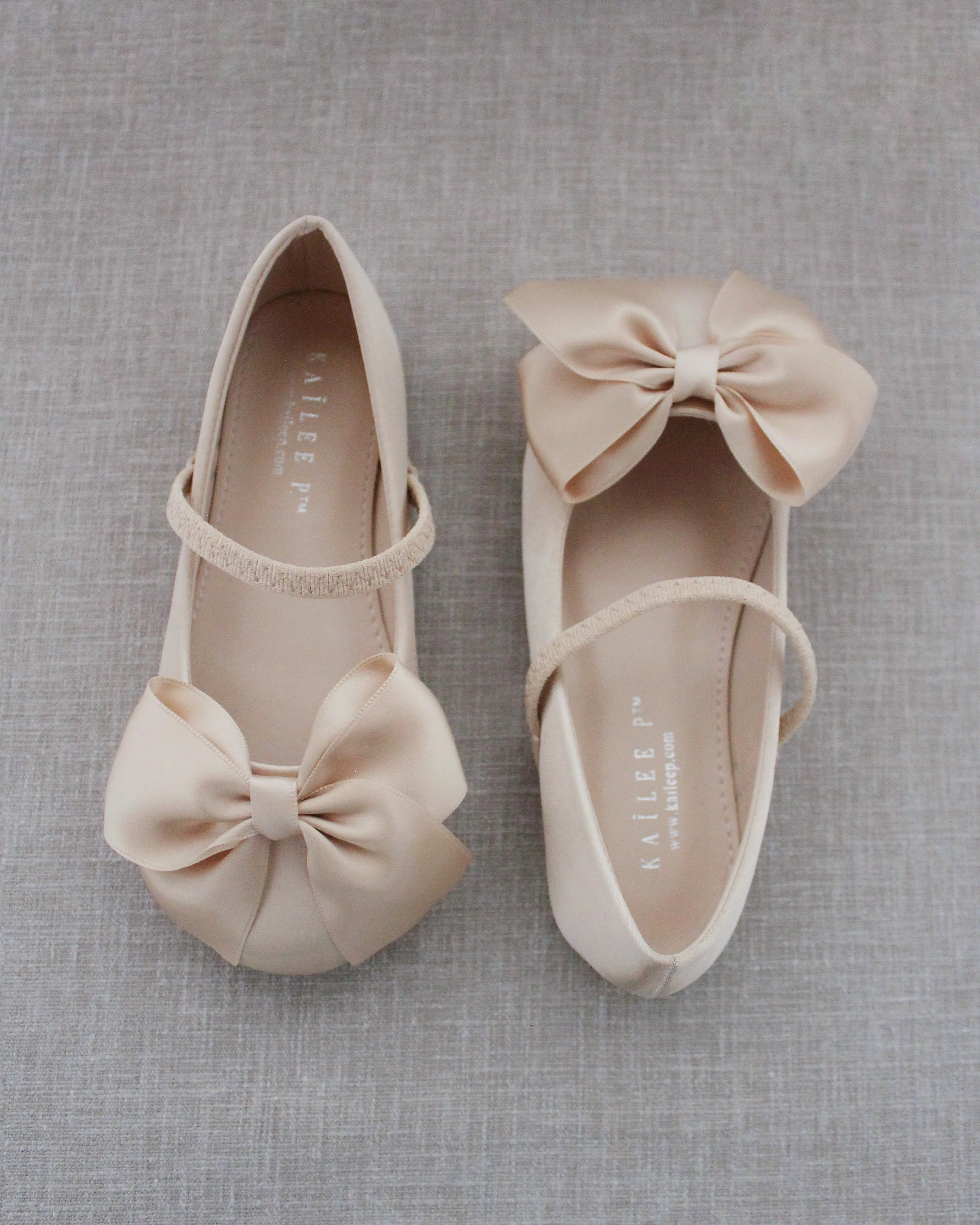 Champagne Satin Mary Jane Flats with Front Satin Bow