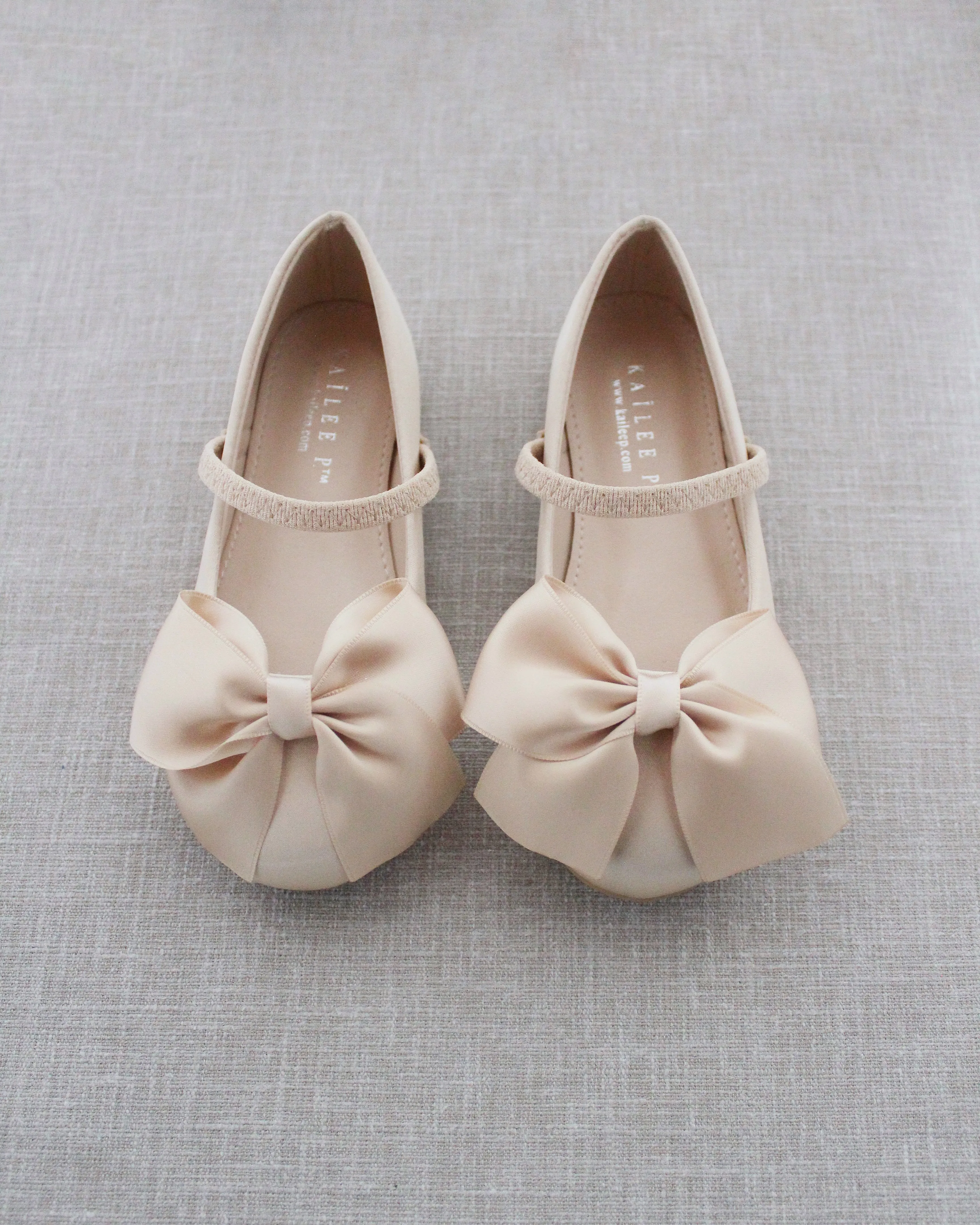 Champagne Satin Mary Jane Flats with Front Satin Bow