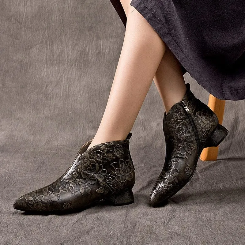 Chinese Ancient Style Leather Women's Low Heels Ankle Boots - TH248 Casual Shoes