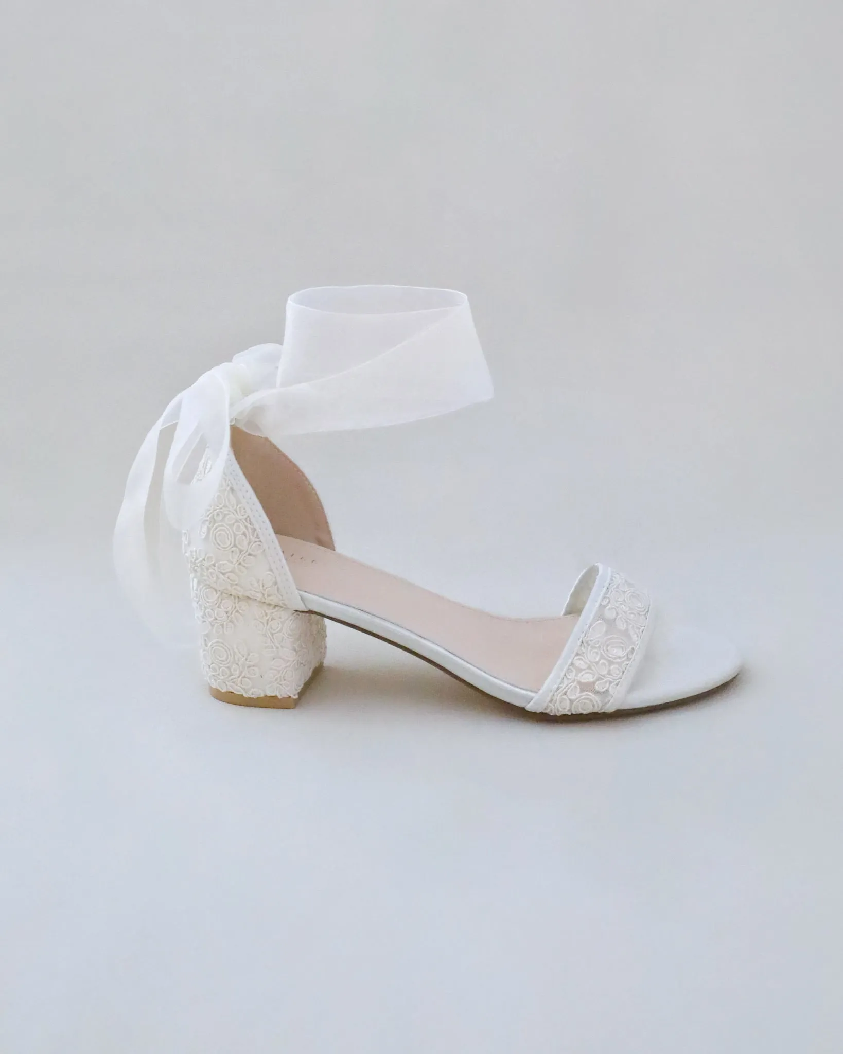 Crochet Lace Block Heel Wedding Sandals with Wrapped Ankle Tie