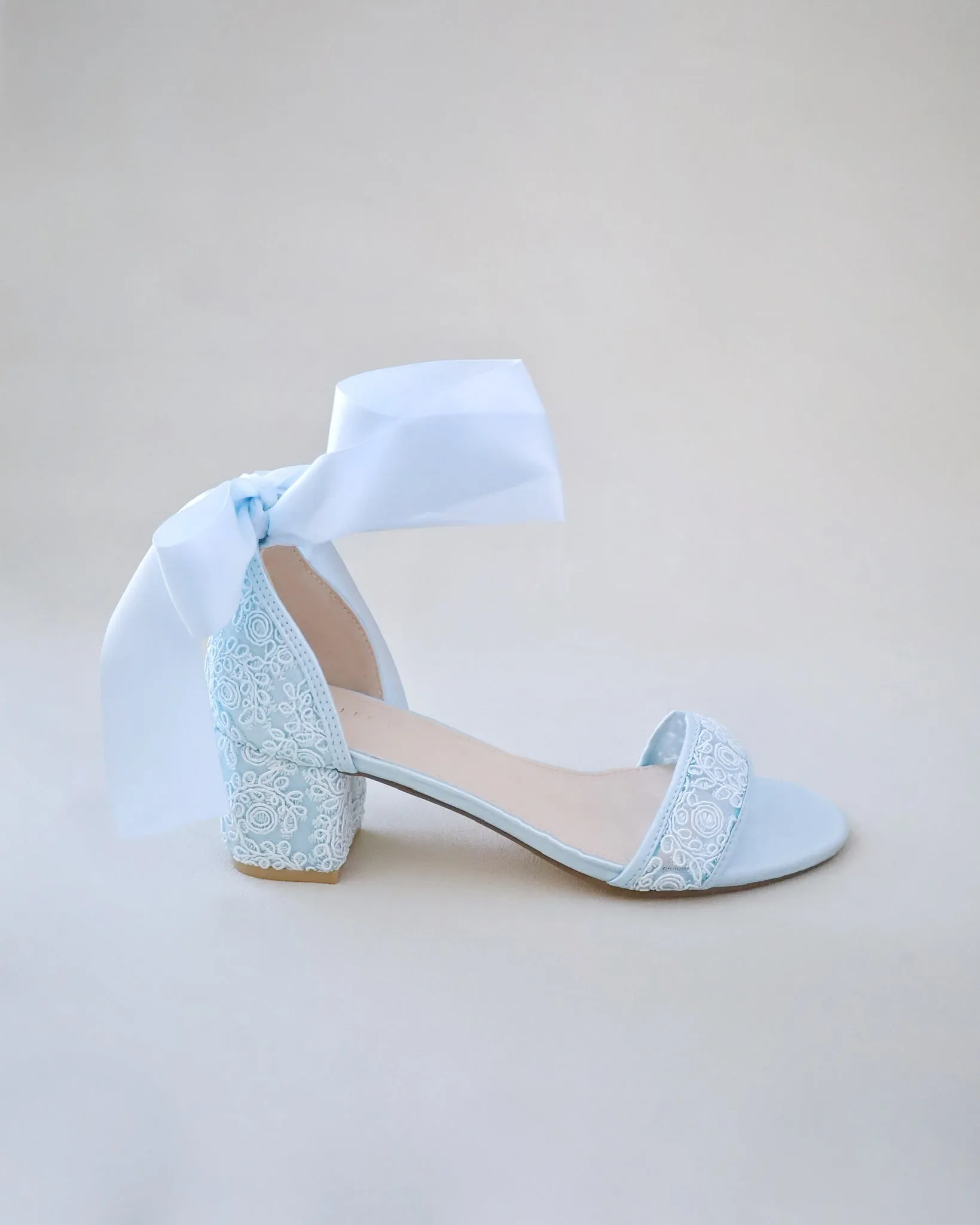 Crochet Lace Block Heel Wedding Sandals with Wrapped Ankle Tie