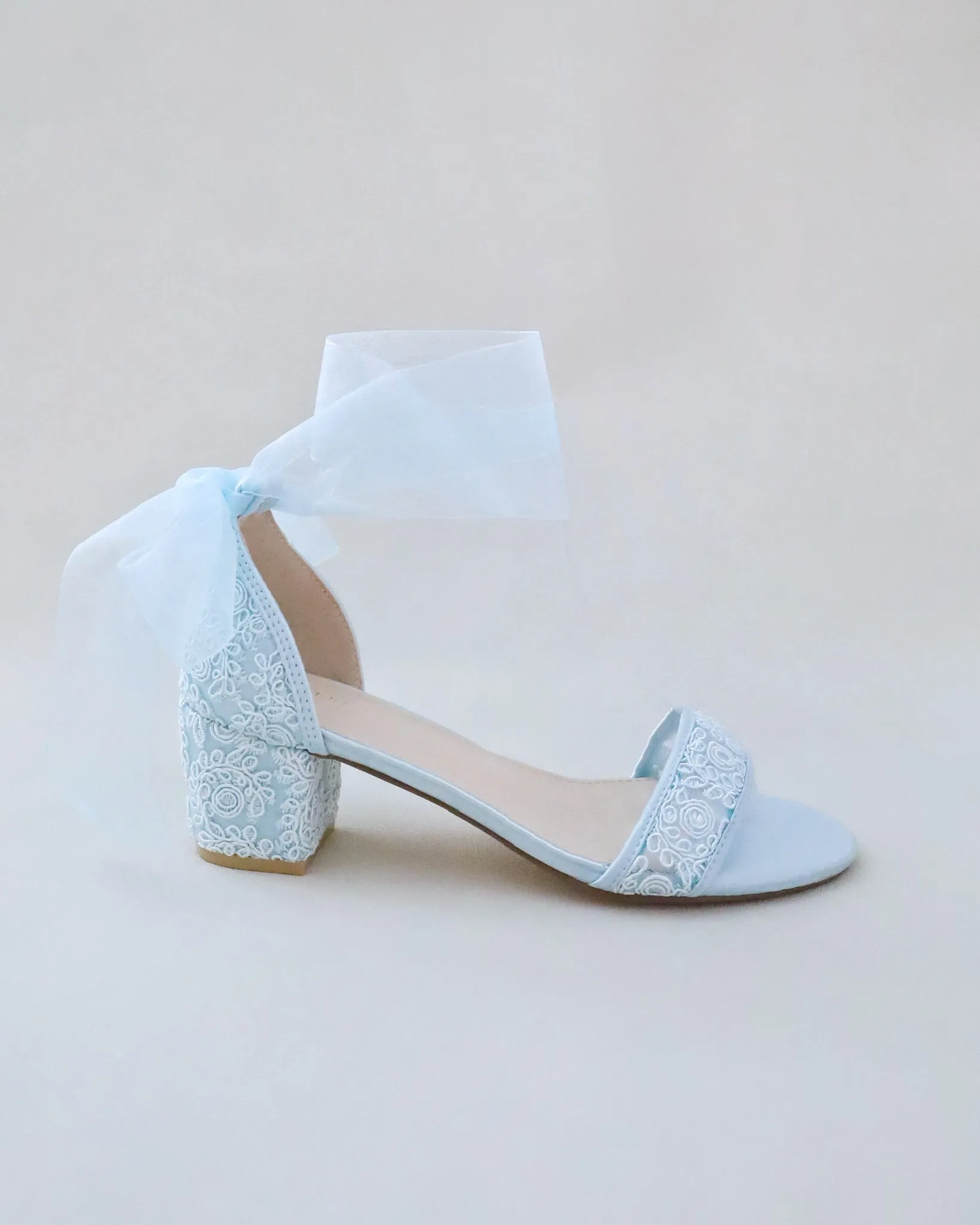 Crochet Lace Block Heel Wedding Sandals with Wrapped Ankle Tie