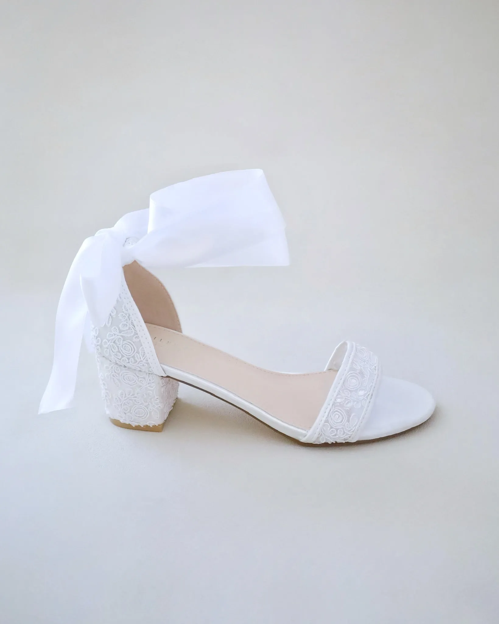 Crochet Lace Block Heel Wedding Sandals with Wrapped Ankle Tie