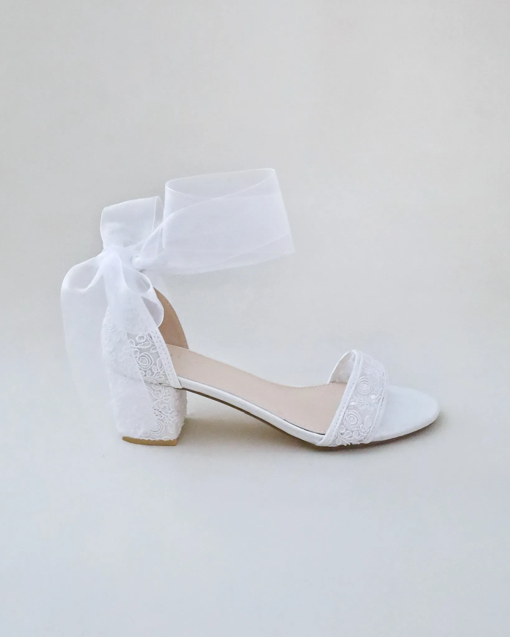 Crochet Lace Block Heel Wedding Sandals with Wrapped Ankle Tie