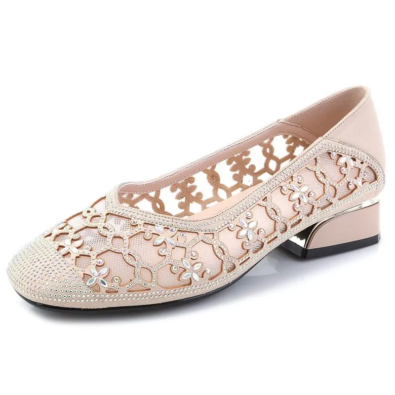 DN323 Women's Crystal Cut-outs Low Heels Casual Shoes - Pumps