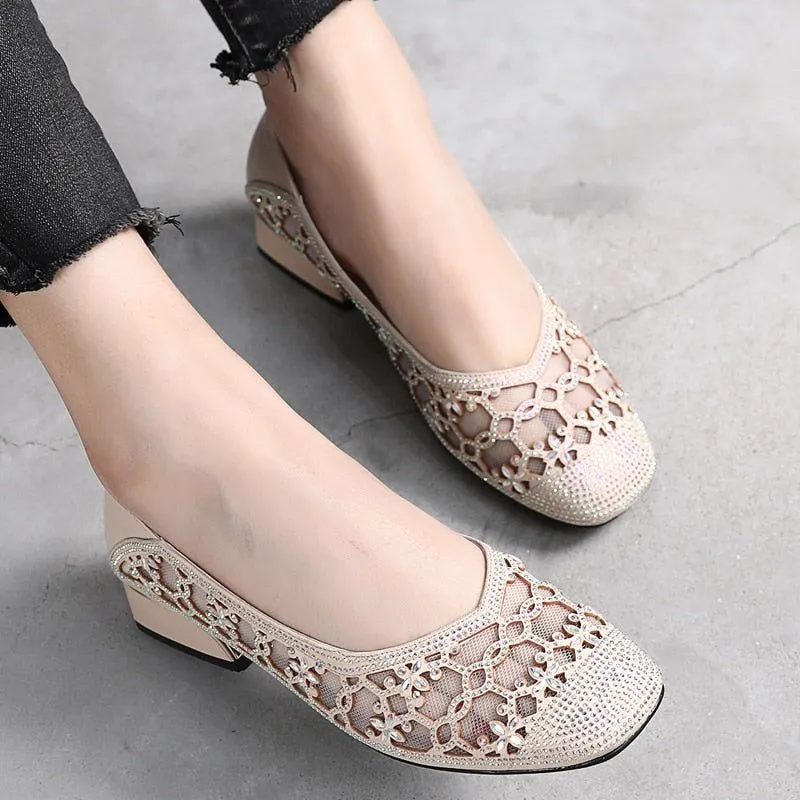 DN323 Women's Crystal Cut-outs Low Heels Casual Shoes - Pumps