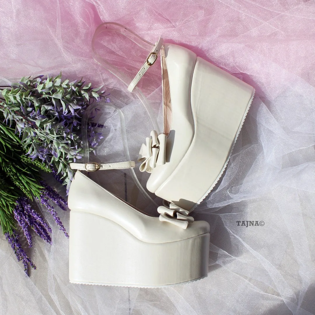 Ivory White Ribbon Ankle Strap Wedge Bridal Shoes