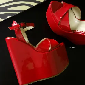 Red Gloss Cross Strap Detail Wedge Platform Sandals