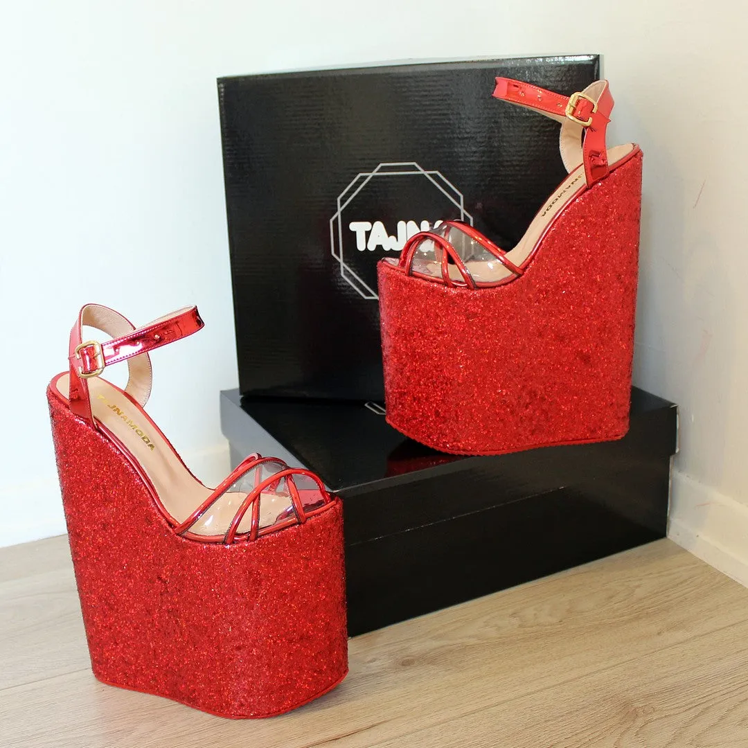 Shiny Red 25 cm Super High Heel Platform Wedge Sandals