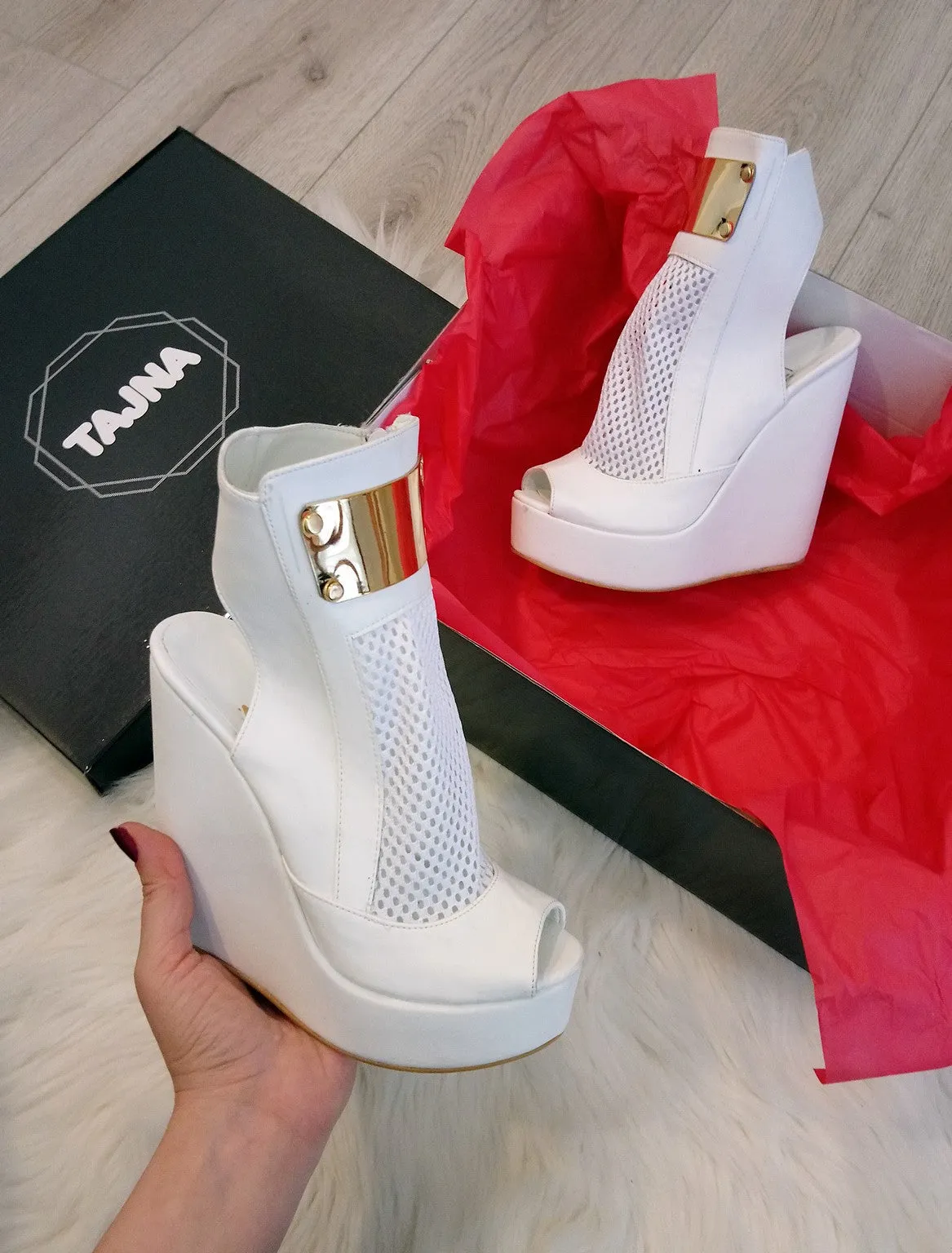 White Filet Peep Toe Wedge Platform Shoes