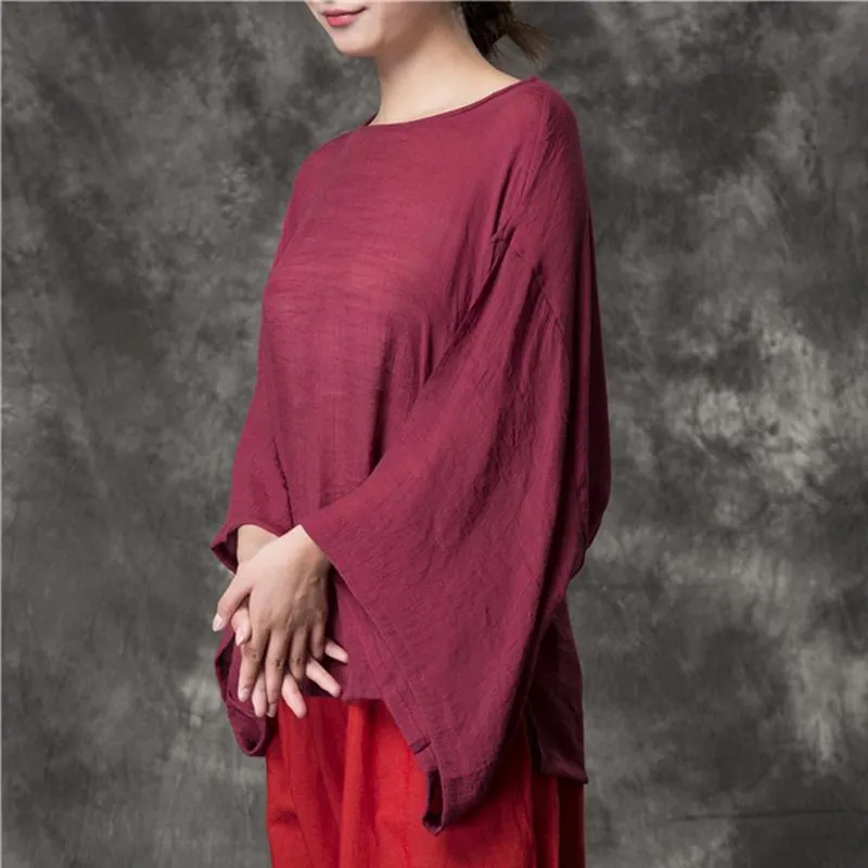 Women Loose Casual Solid Cotton Linen Blouse