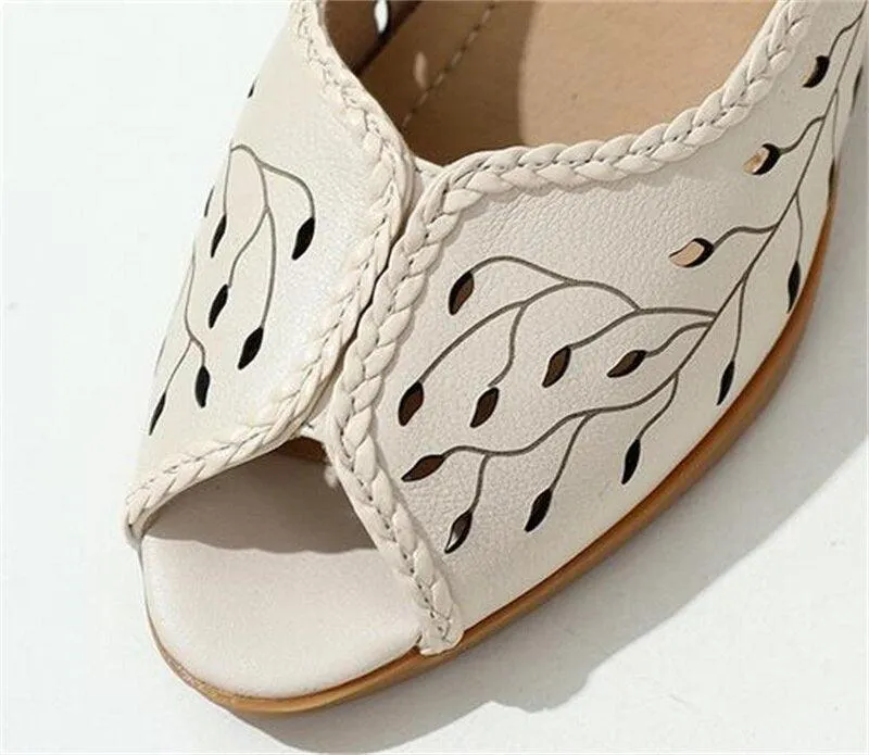 Women's Casual Shoes: Leather Mid Heel Hollow Sandals - KZ321