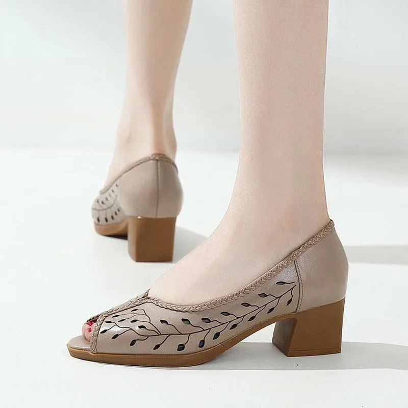 Women's Casual Shoes: Leather Mid Heel Hollow Sandals - KZ321