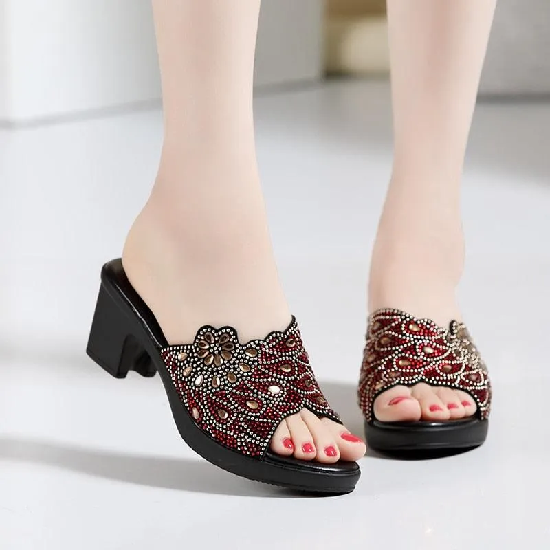 Women's Casual Shoes Slippers High Heels Rhinestone Leather - TZ306